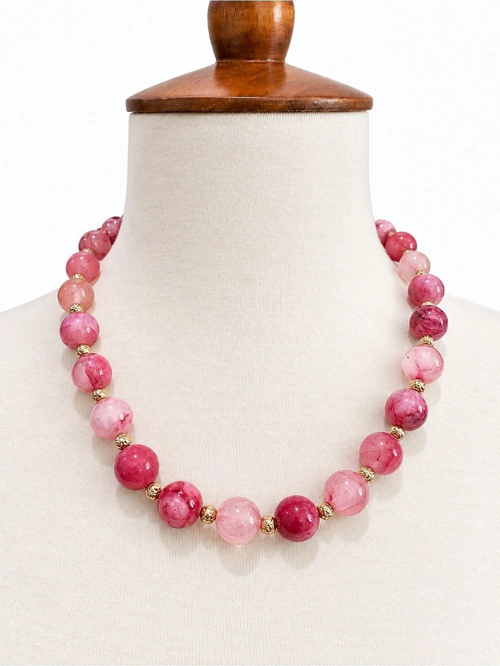 Pink and Gold Beaded Necklace Glass Stone Handmade